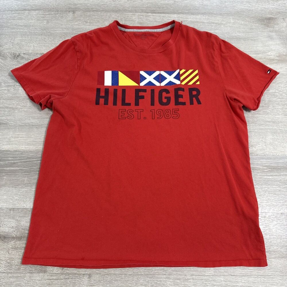 Tommy Hilfiger Shirt Men’s Red Large Nautical Flags Est 1985 Cotton Tee